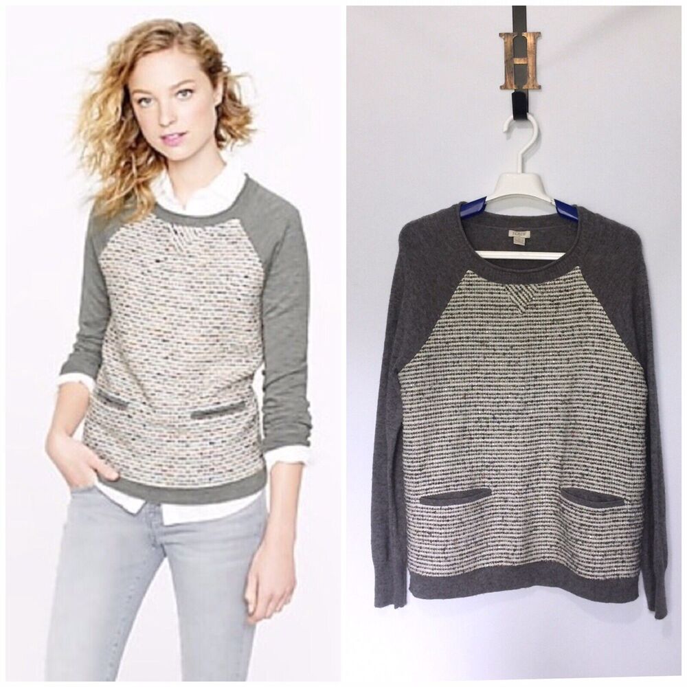 J Crew Small Gray Sweater Tweed Front Merino Wool Graphite Long Sleeve Crew